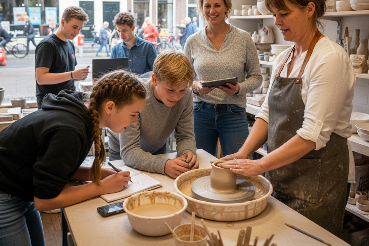 Leerlingen volgen een workshop pottenbakken bij een lokale expert; ervaringsgericht leren in verbinding met de samenleving. Karakteristiek voor het onderwijs van Atel!er Het Gooi.